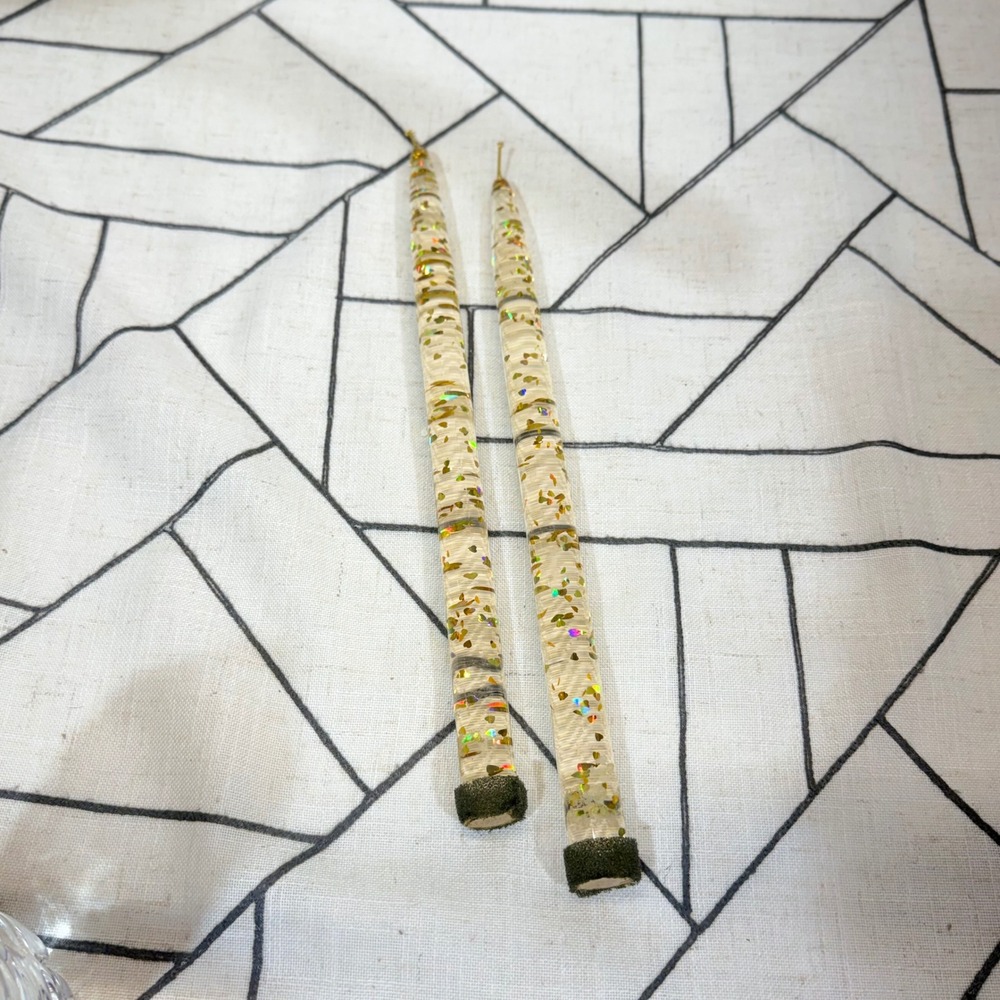 Vintage Lucite Heart Glitter Taper Candles 11.5" Gold MCM Clear Acrylic Set of 2